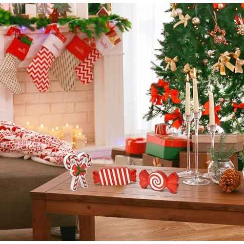 Gift Boutique - Set of 3 Christmas Candy Wooden Table Decoration Centerpiece Block Holiday Wood Red & White Peppermint Candy Cane Tiered Tray Tabletop Sign Decor for Home Xmas Party Supplies