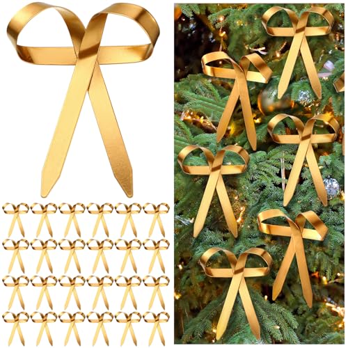 Daifunli 24 Pcs Gold Metal Christmas Bow Ornaments for Tree Garland