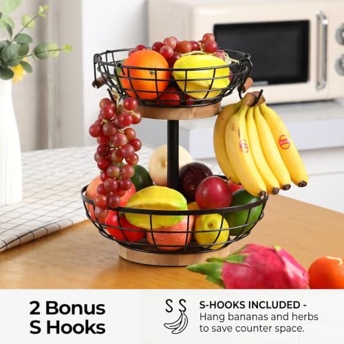 2-Tier Metal Fruit Basket with Wooden Base and Banana Hanger - Kitchen Counter Organizer
