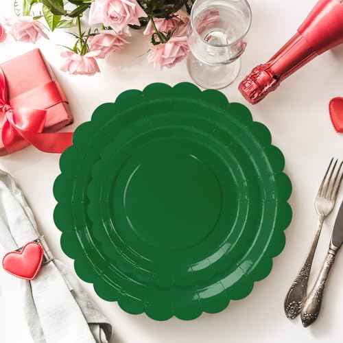 50 Pcs Green Scalloped Paper Plates 25 ¡¿ 7'' and 25 ¡¿ 9'' Disposable Green Scalloped Dinner Plates for Wedding Baby Shower Birthday Party Disposable Dessert Plate