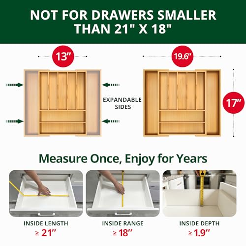 Royal Craft Wood Natural Bamboo 9 Slot Flatware Organizer for Kitchen Drawer - Expandable Silverware Tray
