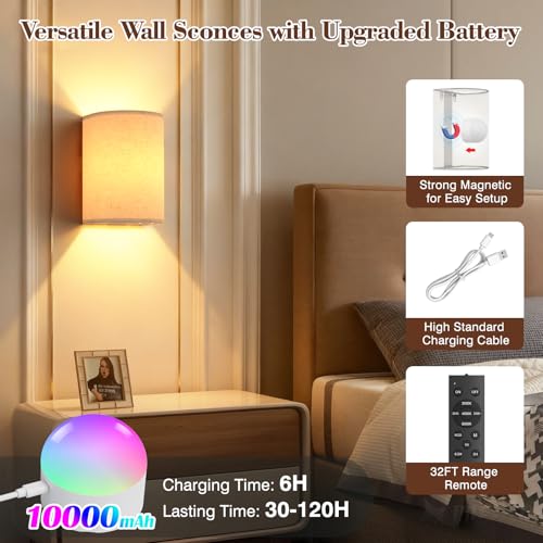 Yunaking Cream Rechargeable Wall Sconce Set of 2 with 10000mAh Battery & Dimmable RGB Light