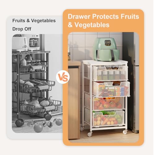 White 4-Tier Kitchen Storage Cart with Drawers and Wooden Top - Fruit and Vegetable Organizer with Wheels