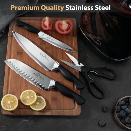 Amorston 14-Piece Kitchen Knife Set with Block & Sharpening Stone - Black