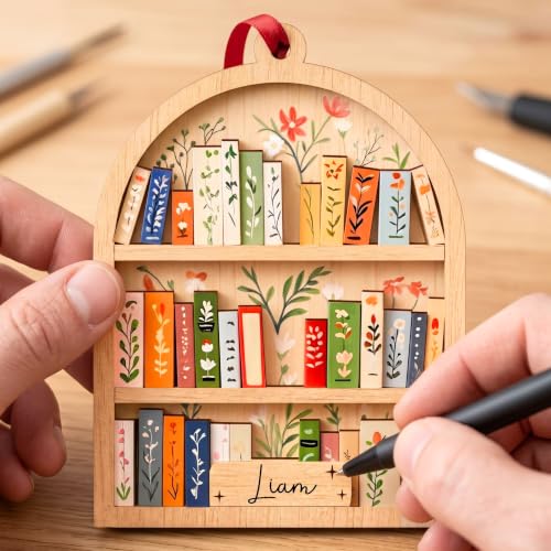 Customizable Bookshelf Christmas Ornament, 4 Inch Wooden Book Lover