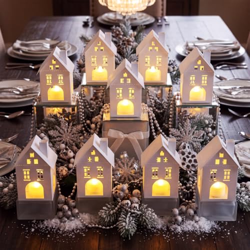 15 Pcs White Christmas Village House Paper Lanterns Centerpieces - White/Christmas Village House