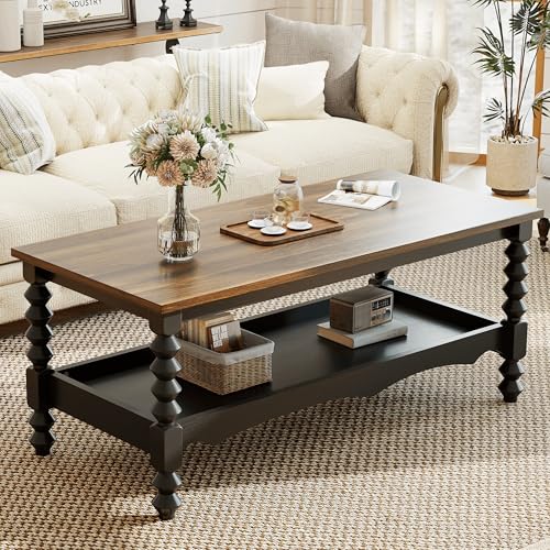 YOSHOOT 42-Inch Black Farmhouse Coffee Table with Storage, 2-Tier, Solid Wood Legs, 18.9"D x 41.3"W x 17.7"H