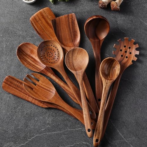 Wooden Cooking Utensil Set 12 Pcs Teak Wood Kitchen Tools with Spoon Rest