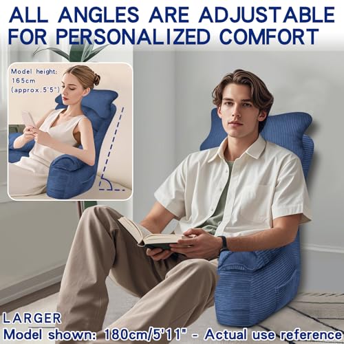 Large Blue Reading Pillow for Bed Support with Arms - Adult Bed Backrest for Sitting Up, Gaming, TV