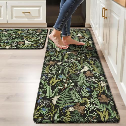 Keensoft 2PC Botanical Kitchen Rugs Set - Ink Moss Green, 17.3x28 & 17.3x59 Inches