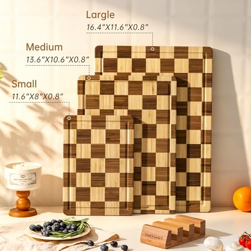 Checkered Bamboo Cutting Board Set - 3 Piece Kitchen Chopping Boards with Holder