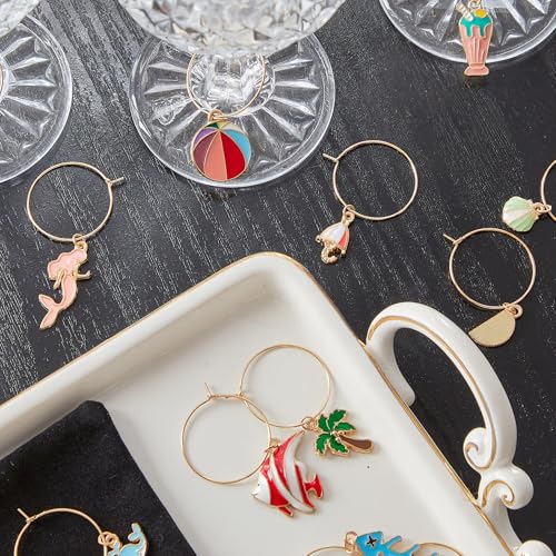 Beach Theme Wine Glass Charms Ocean Design, Metal Drink Identifiers for Stem Glasses