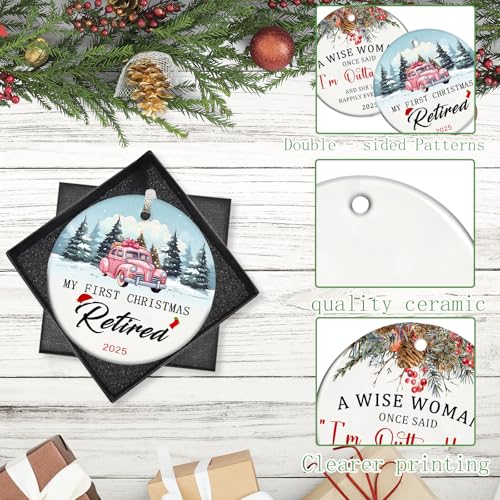 Christmas Retirement Gifts for Women 2025, Double Side Xmas Tree Hanging Decorations Happy Retirement Ornament Ceramic 3" with Gift Box Inspirational Gift for Retired Coworker Teachers Old Friends