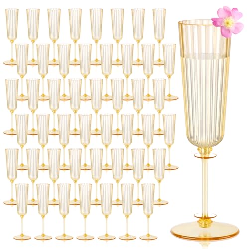 SHIQIKEJIPTY 48 Pack Gold Detachable Ribbed Champagne Glasses - 5.5 oz Plastic Flutes