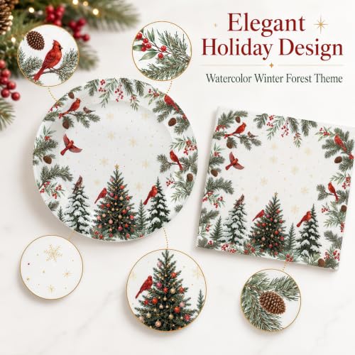 Christmas 50 Pcs Plates & Napkins Set - Cardinal Holiday Tableware, 7 Inch
