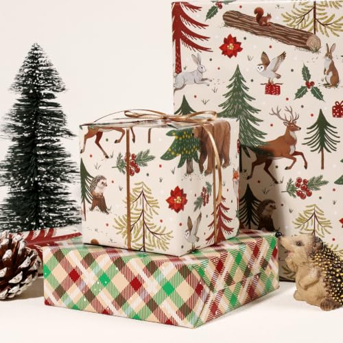 LaRibbons Forest Animals Reversible Christmas Wrapping Paper 17" x 33 ft