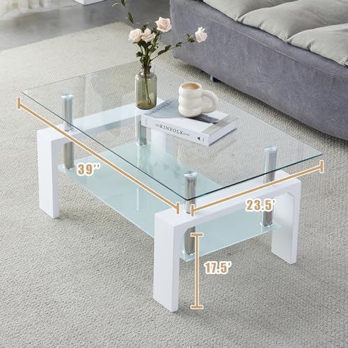 White Rectangle Glass Coffee Table - Modern Living Room Accent Furniture