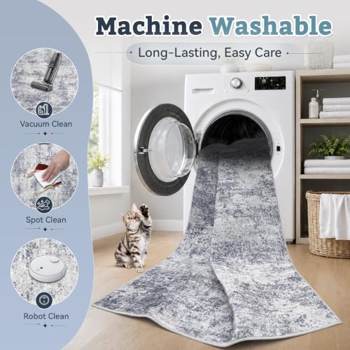 Blue Grey 8x10 Washable Abstract Area Rug for Living Room - Non Slip