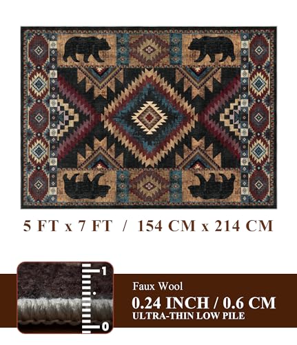 Bear 5x7 Washable Rustic Cabin Area Rug - Non Slip, Pet Friendly, Low Pile