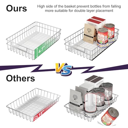 Pull Out Cabinet Organizer 2-Pack Stainless Steel Slim Slide Out Drawers - 11.8 x 16.5 x 4.7 Inches