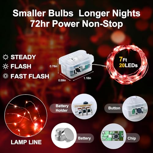 Aogist 50 Pack Red Fairy Lights 7ft Waterproof String Lights with 20 LEDs