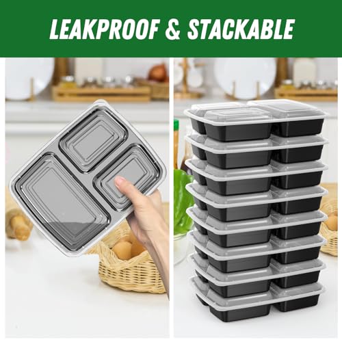 Dealusy 50 Pack 32 oz Reusable Meal Prep Containers with Lids - Black, 3-Compartment