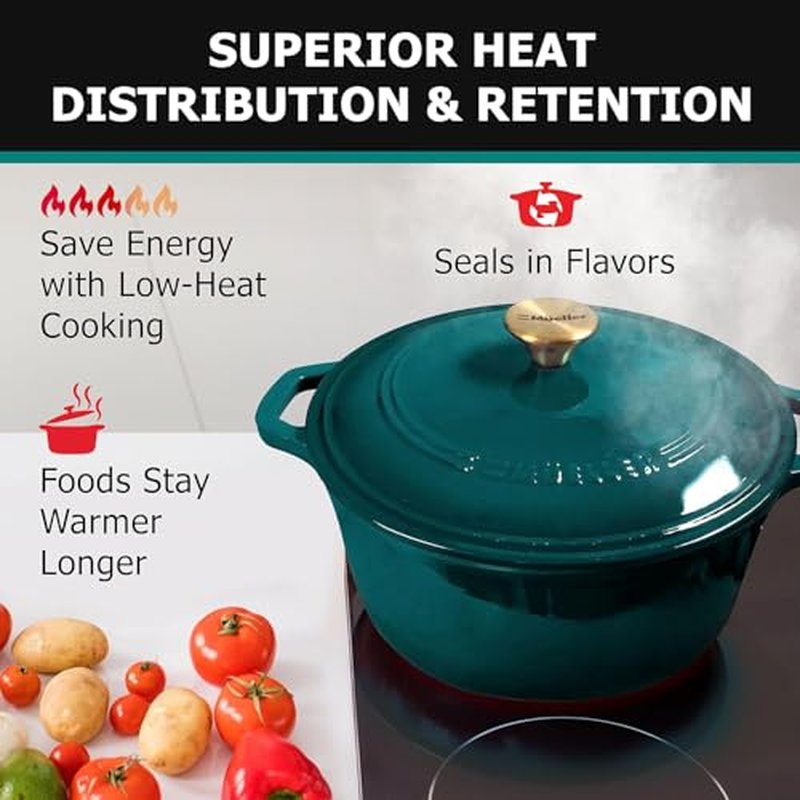 MUELLER HOME 5.5 Quart Enameled Cast Iron Oval Dutch Oven with Rooster Knob & Cotton Potholders, Heavy-Duty Cookware, Oven-Safe up to 500° F & Across All Cooktops, Gifts for Grandma & Women, White