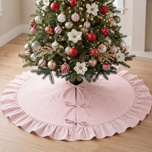 JOVIPOP Christmas Tree Skirt Large 72 Inch Red Pinstripe Ruffle - Farmhouse Holiday Decor