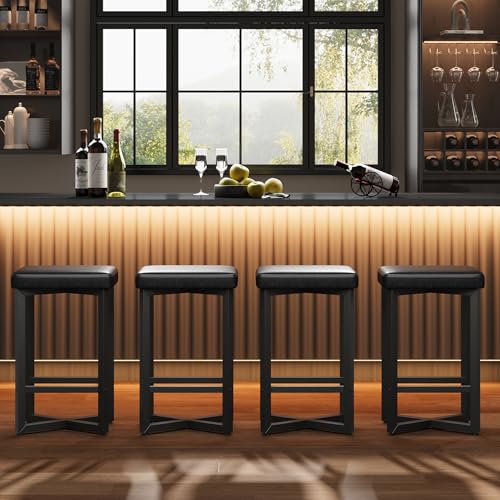 Black Set of 4 24.6-Inch Counter Height Backless Bar Stools - Modern Industrial Design