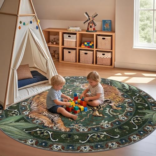 Geanlod 8Ft Round Green Tiger Washable Rug for Living Room & Bedroom