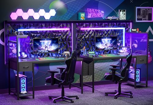 40 Inch Gaming Desk with Power Outlet & LED Light - Reversible Shelves, Carbon Fiber Surface, Black