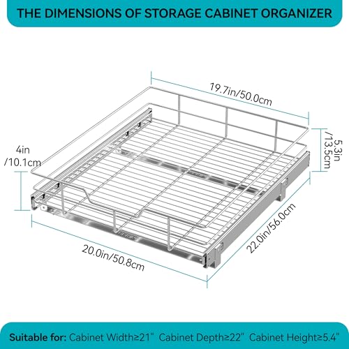 Pull Out Cabinet Organizer 21" W x 22" D - Chrome-Plated, Full Slide Drawers, 1 Tier