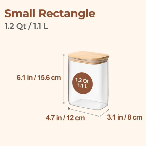 ComSaf Glass Storage Containers - 1.2 Qt Rectangle Jars with Bamboo Lids for Food & Pantry Organization