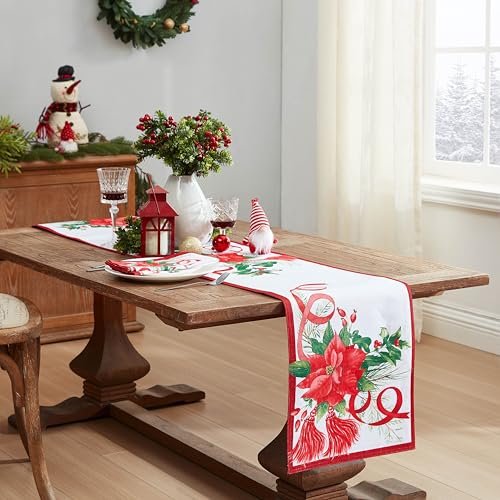 Home Bargains Plus Christmas Poinsettia Ribbon Fabric Table Runner 70" x 13" Holiday Tassels