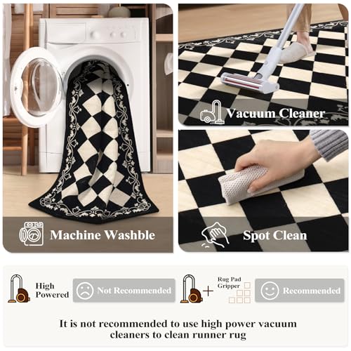 Black Checkered Runner Rug 2.5x8 ft Washable Non Slip Hallway Carpet