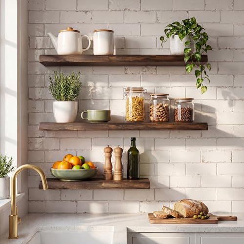 Vintage Weathered 32-Inch Live Edge Floating Shelves Set of 2 - Solid Elm Wall Shelves