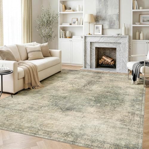 Green Washable Area Rug 6x9 Vintage Bohemian Style for Living Room & Bedroom - Green Beige Variation
