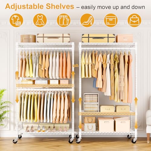 ULIFHOME P5 Rolling Clothes Rack with Adjustable Shelves and Double Rod, White - Heavy Duty Clothing Organizer with Lockable Wheels