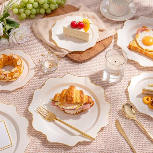 WDF Ivory Plastic Plates Set 200pcs - Gold Rim Disposable Dinner & Dessert Plates - Variation: Ivory / 200