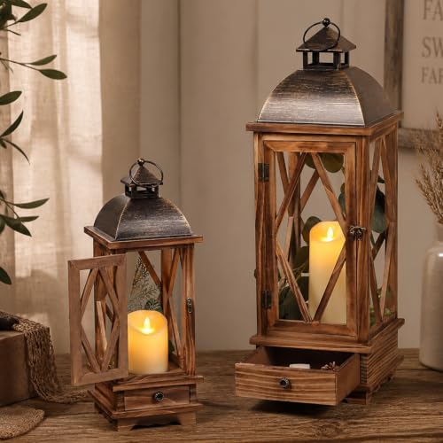 Rustic Wooden Candle Lanterns Set of 2 - Farmhouse Indoor & Outdoor Decor