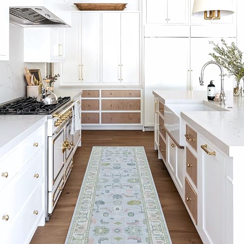 Cream Blue Faded Oushak Rug - Vintage Floral Pastel Large Area Rug for Living Room & Bedroom - 2'6" x 6'6" Variation