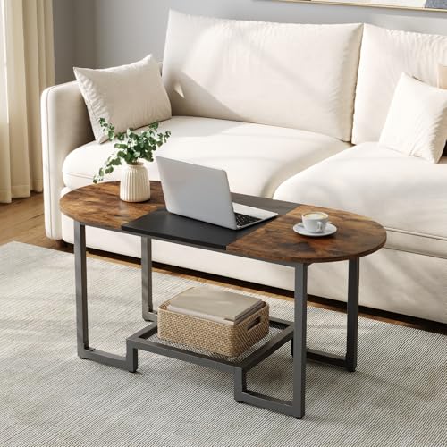 HOOBRO Rustic Brown & Black Oval Coffee Table with 2-Tier Storage - Small Modern Center Table for Living Room & Bedroom