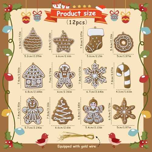 12pcs Gingerbread Cookie Ornaments Bulk, Cookie Gingerbread Christmas Tree Decorations, Rustic Ginger Bread Hanging Ornament for Winter Xmas Holiday Home Party Decor Indoor