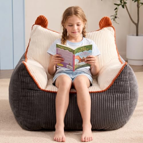 Kids Bean Bag Chair 28-Inch Plush Sofa for Reading & TV - Beige-Grey Variation