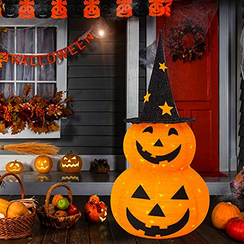 NEROSUN 3 FT Collapsible Lighted Pumpkin Man Halloween Decor with Star Hat, Indoor & Outdoor Garden Yard