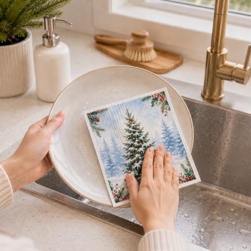CRYSFIY 6 Pack Christmas Swedish Dishcloths B-multicolor Xmas Winter Woodland Designs, Reusable Kitchen Cloths