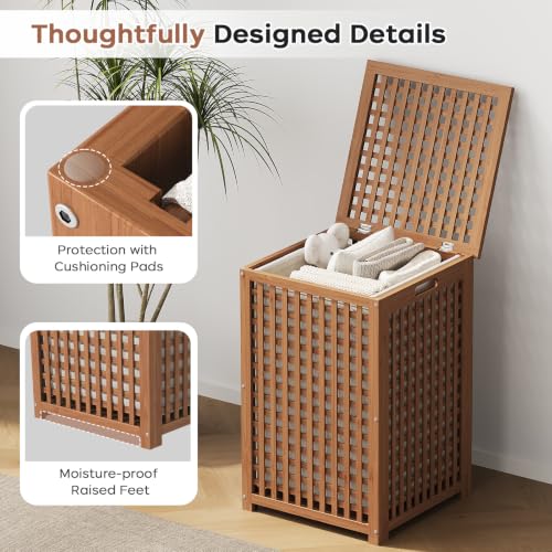Walnut Laundry Hamper with Lid - 120L Bamboo Clothes Basket with Removable Liner