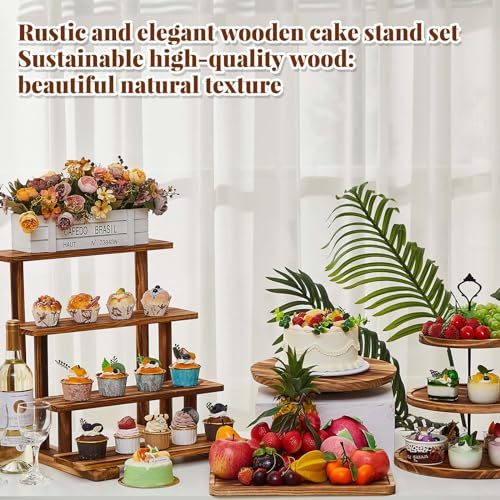 Wood Dessert Table Stand Set - 3 Tier, 4 Tier, Cupcake & Square Trays - Brown - Roowest