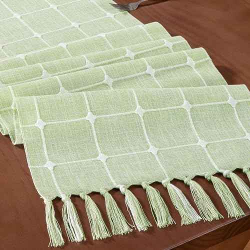 MLMC Sage Green Embroidered Lattice Fall Table Runner 48 Inches Plaid Rustic Checkered Table Runner with Tassels Farmhouse Table Decor 13"x 48" for Thanksgiving Christmas Dinning Table Bedroom Decor