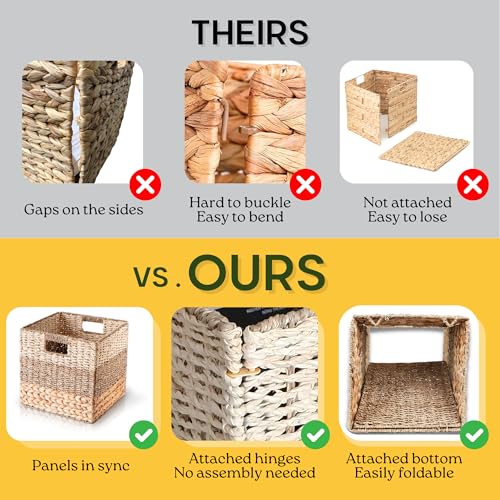 Natural Wicker Storage Cubes Set of 4 - 11x11 Inches, Foldable Organizers with Handles